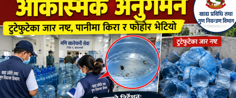 काठमाडौंका दुई खानेपानी उद्योगमा आकस्मिक अनुगमन, पानीमा किरा–फोहोर भेटिएपछि ६४ जार नष्ट