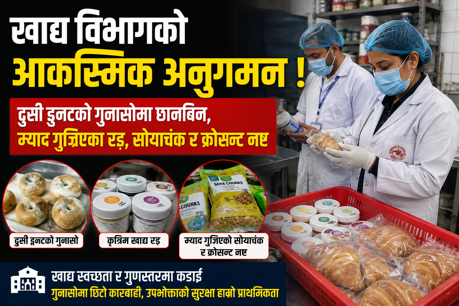 खाद्य विभागको छापा : कृत्रिम रंग, म्याद गुज्रिएको सोयाचंक र लेबलविहीन क्रोसंट नष्ट